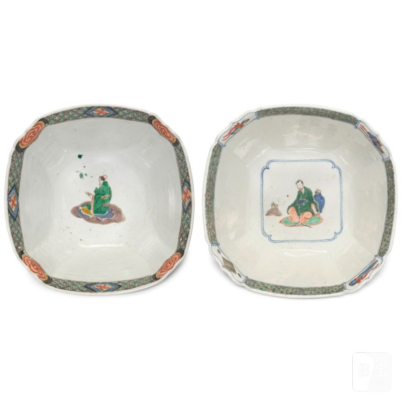清康熙 五彩人物故事圖方盌一對 | TWO FAMILLE-VERTE 'FIGURATIVE' SQUARE BOWLS - 图9